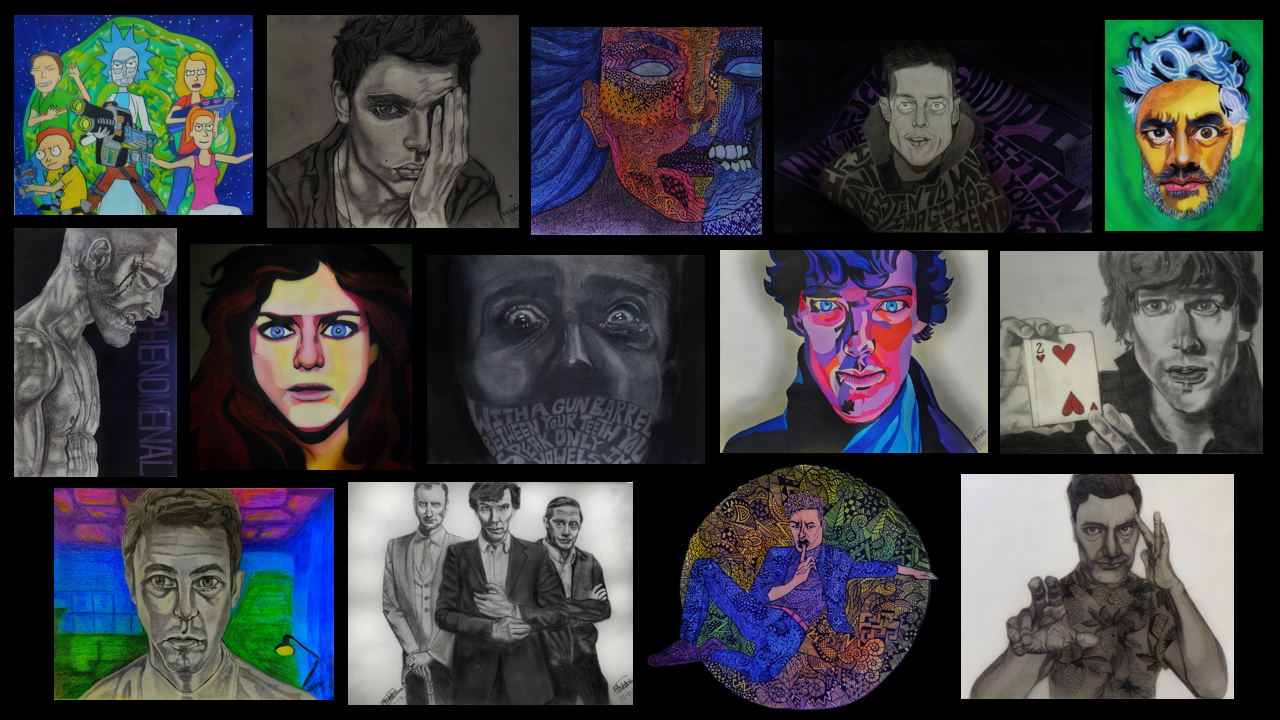 Collage of different artworks in various styles ranging from Polygon art to line art, watercolor, soft pastels, pencil and pen sketch